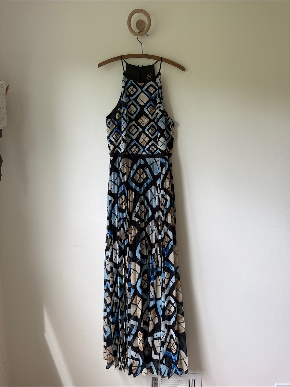 Anthropologie Black, Blue & Cream Geometric high neck Maxi Dress